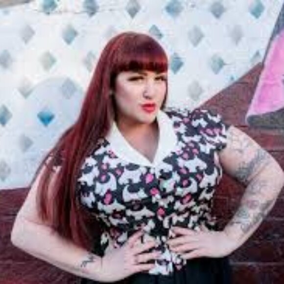 NEW Hell Bunny Aggy Blouse Scottie Dog Heart Print Retro 50's Look Black Pink M - Picture 1 of 11